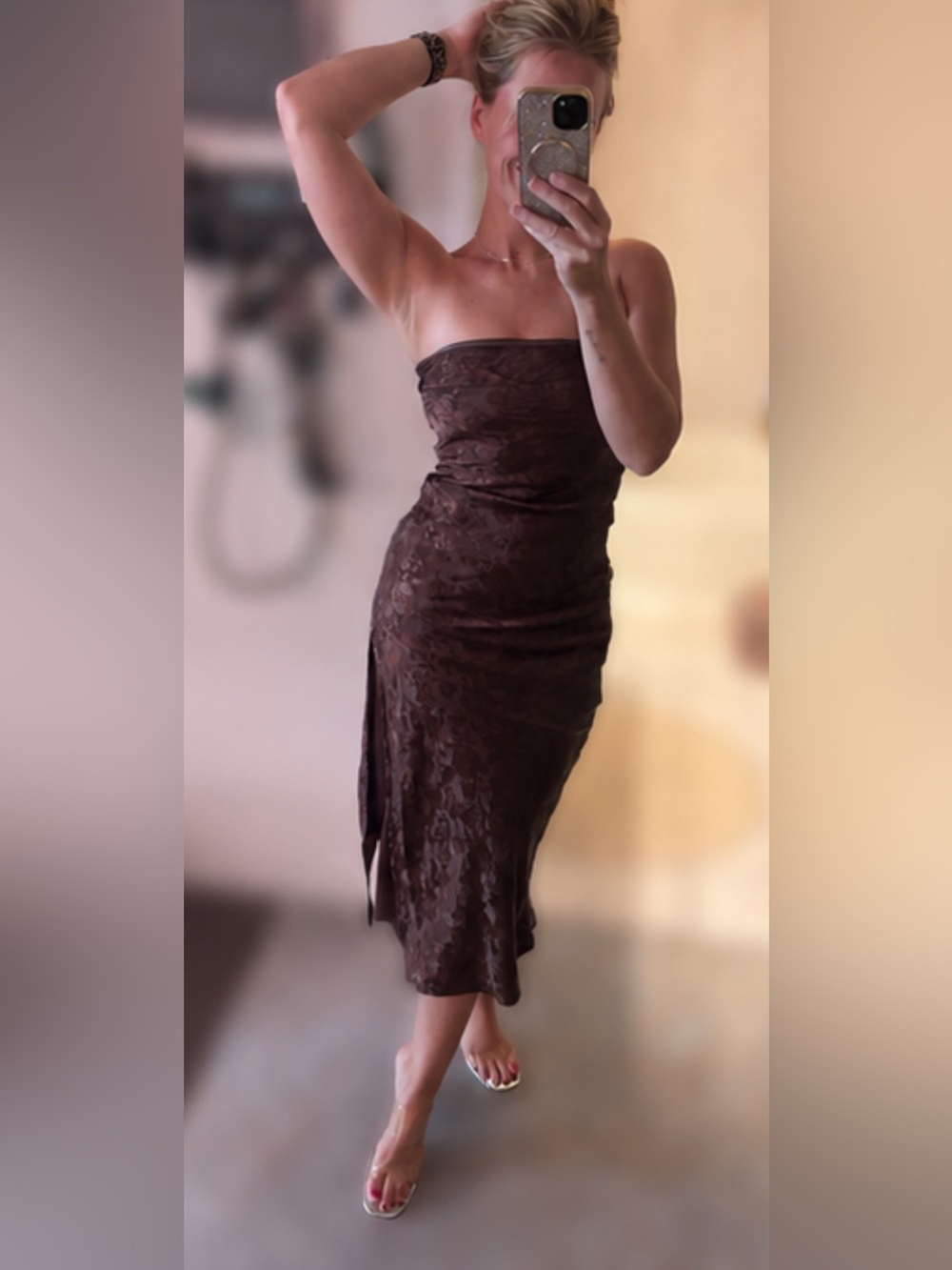 Strapless Chocolate Lace Midi Dress